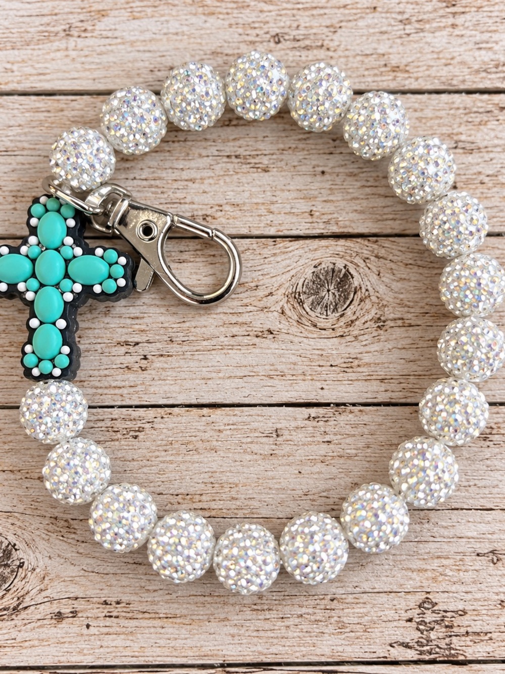 Sparkle Beaded Turquoise Wrist Keychain with Cross Charm